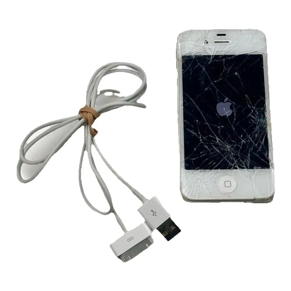 Apple iPhone 4 White Model A1349 Cable Papers WORKS Cracked Screen 2010